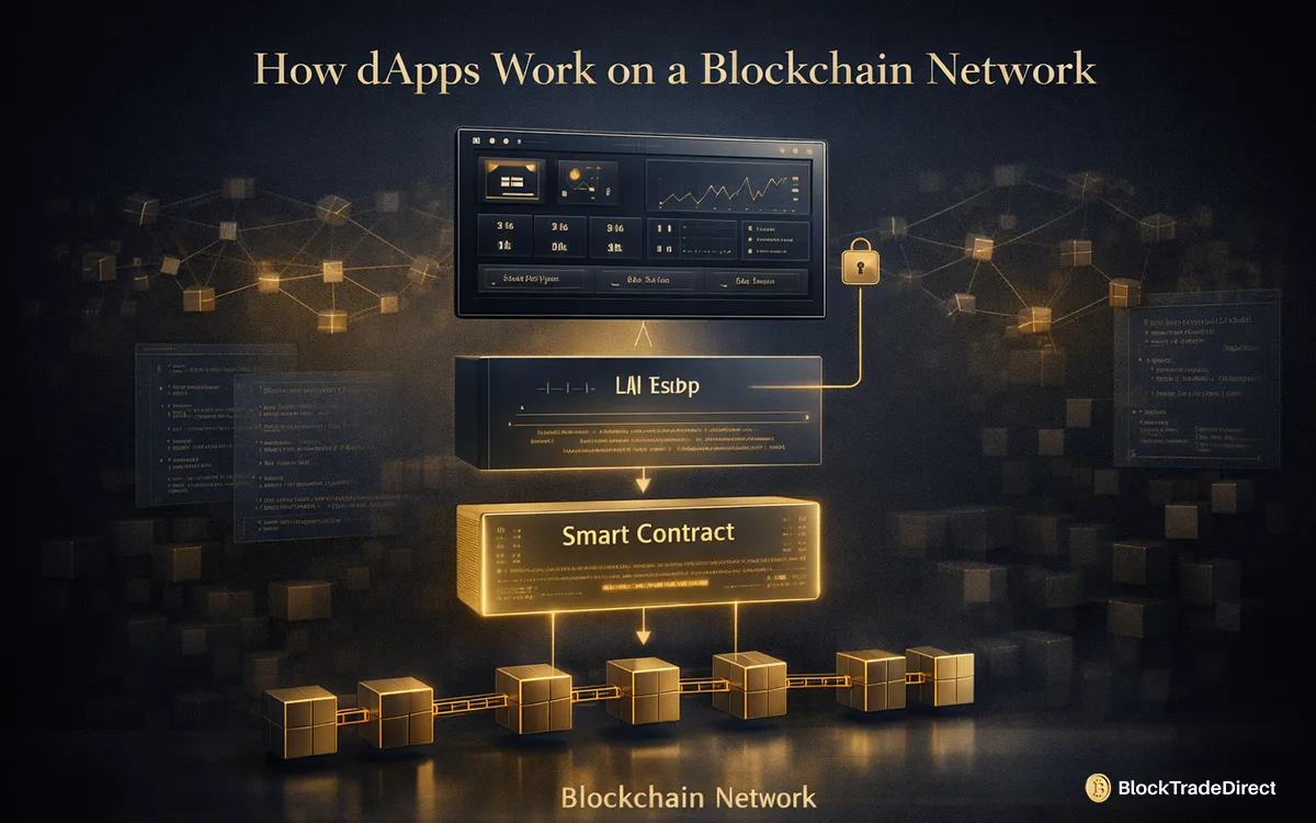 Infographic showing how dApps work on a blockchain network