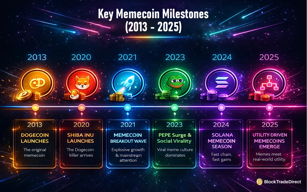 Infographic showing key memcoin milestones from 2013 to 2025