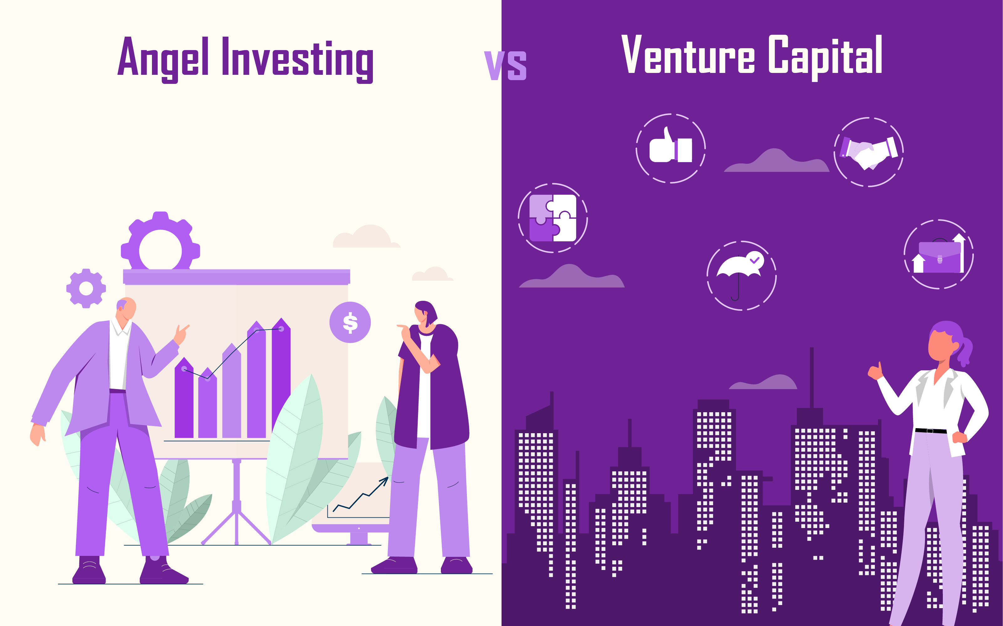Visual comparison of angel investing vs venture capital: individual vs institutional startup investors