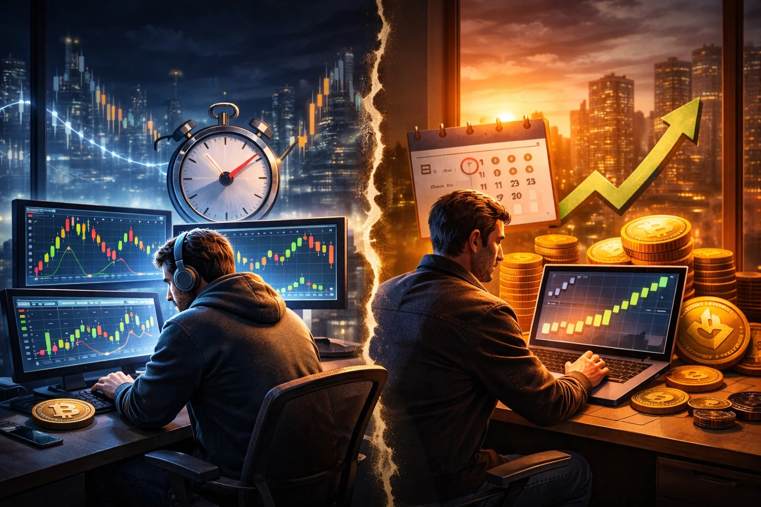 Visual representation of day trading vs swing trading in crypto