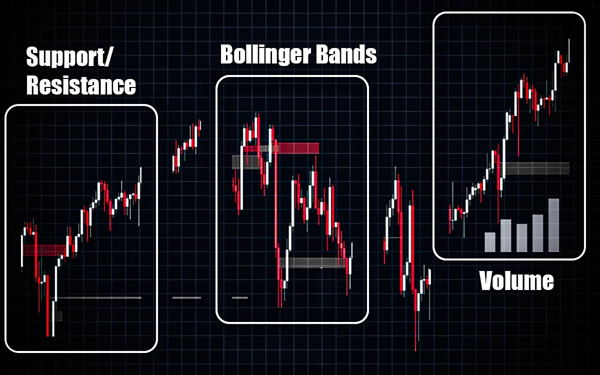 Three mini-charts showing support/resistance reversals, flat Bollinger Bands with price between them, and volume dips with spikes at boundaries