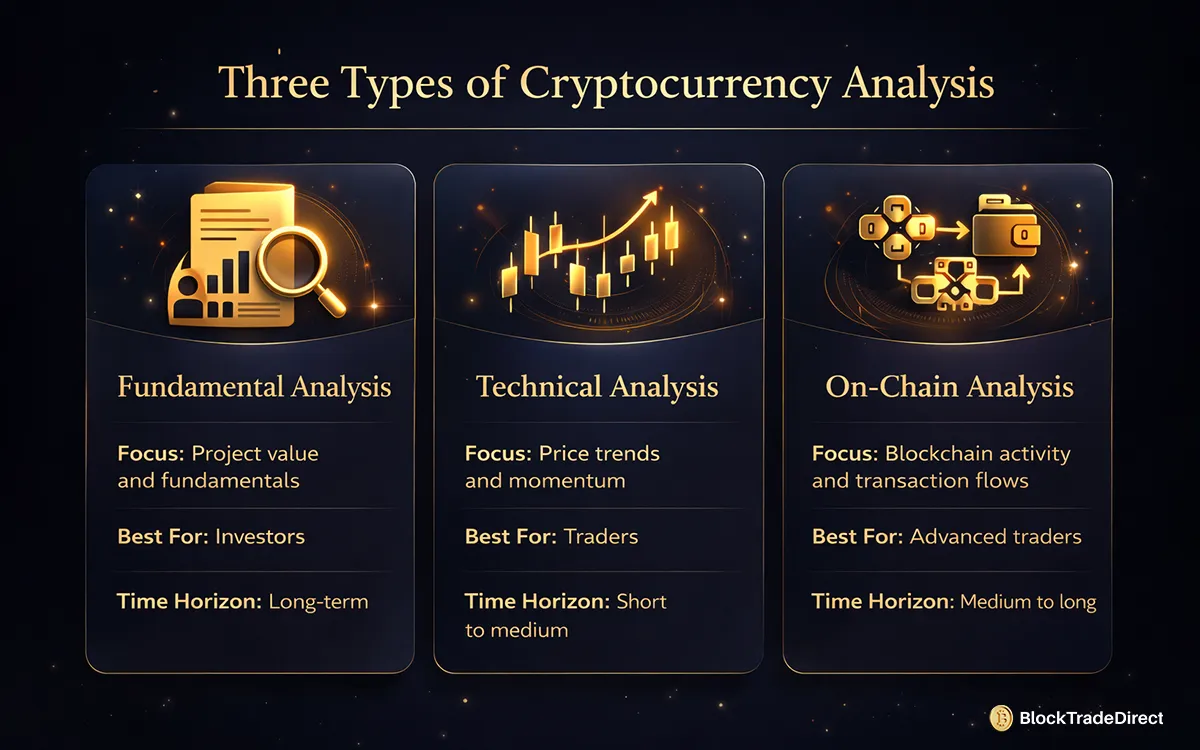 Infographic showing main types of cryptocurrency analysis