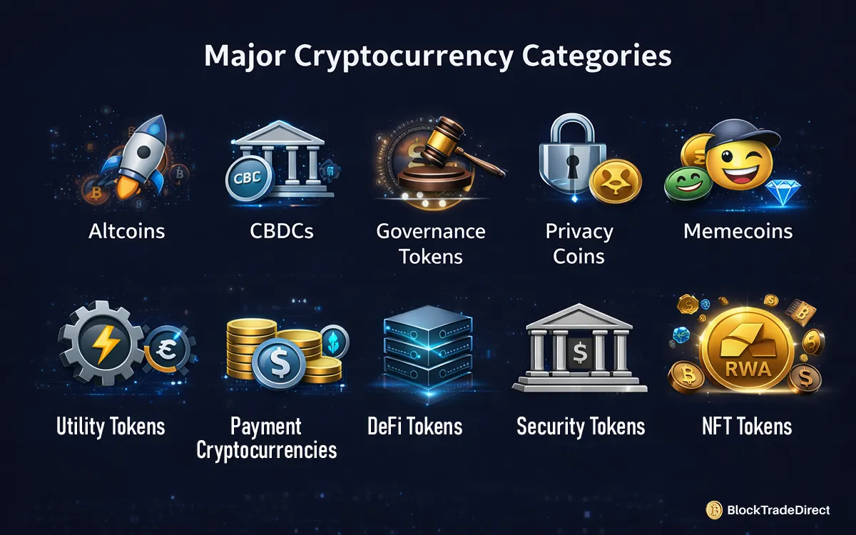 Infographic showing major cryptocurrency categories