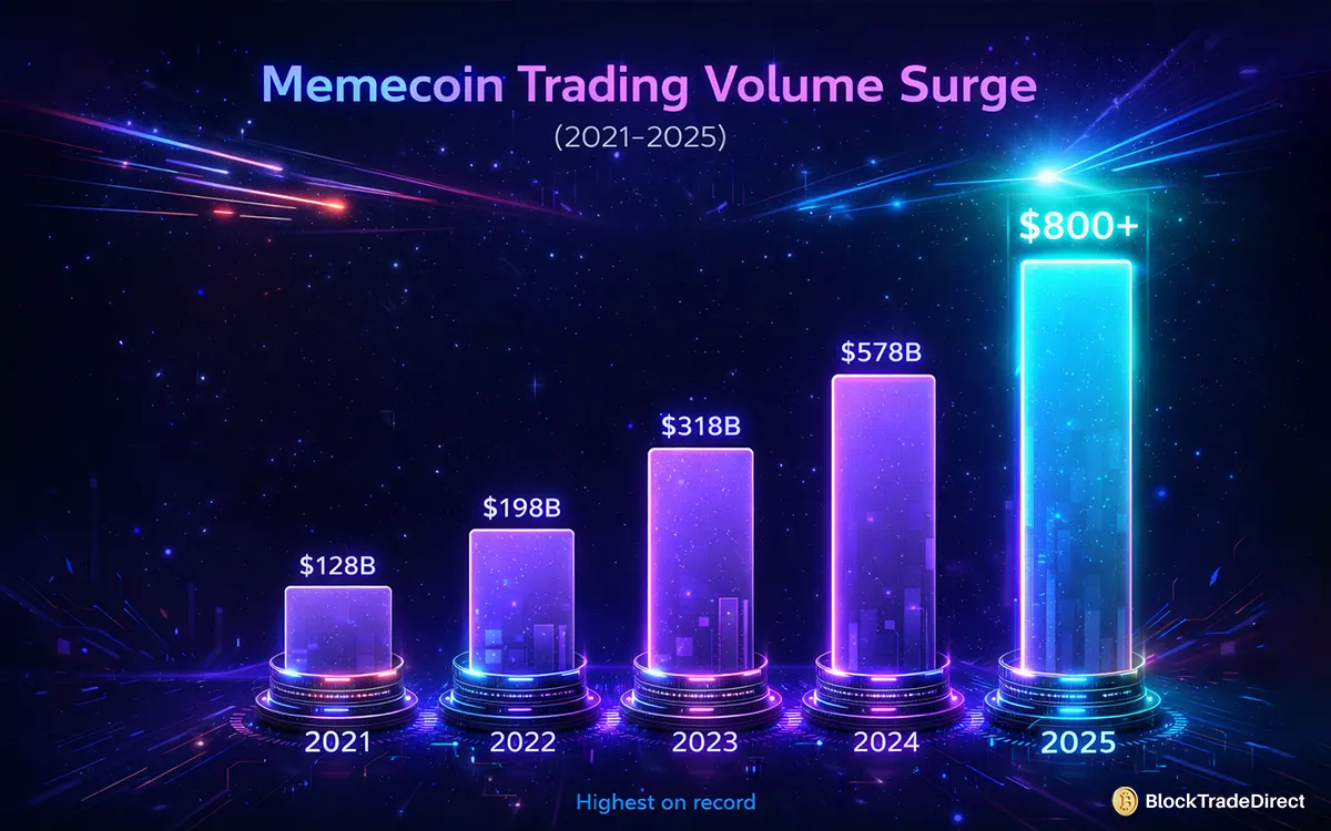Infographic showing memcoin trading volume growth from 2021 to 2025