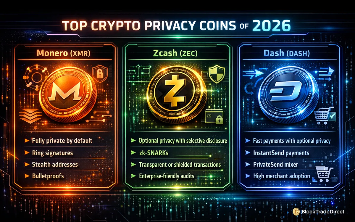 Infographic showing top crypto privacy coins of 2026