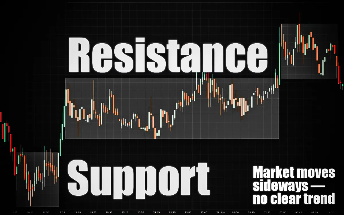 Chart with candlesticks moving between horizontal Resistance and Support lines, labeled ‘Market moves sideways  no clear trend