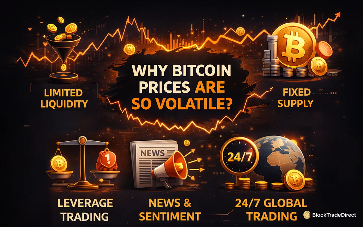 Infographic showing reasons why bitcoin prices are so volatile